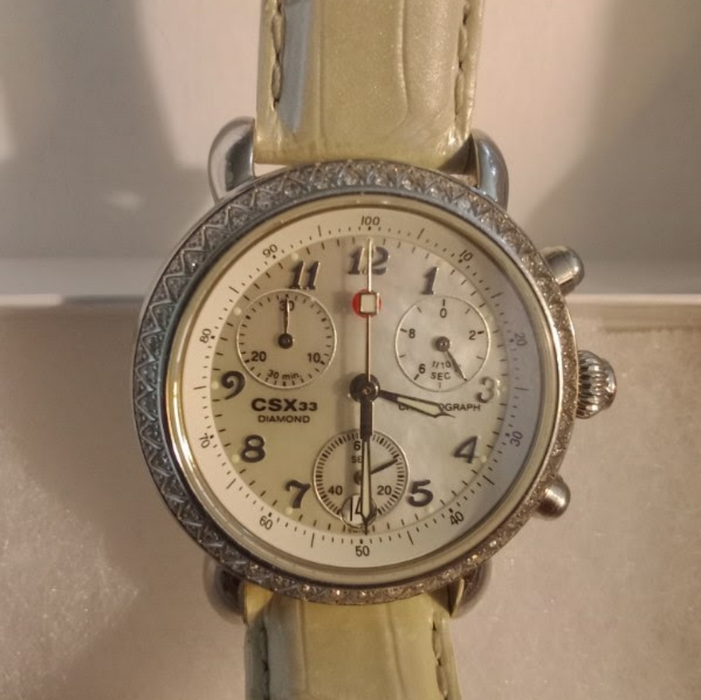 Michele CSX 33 Diamond watch w/ genuine white Alligator strap, Firm Price